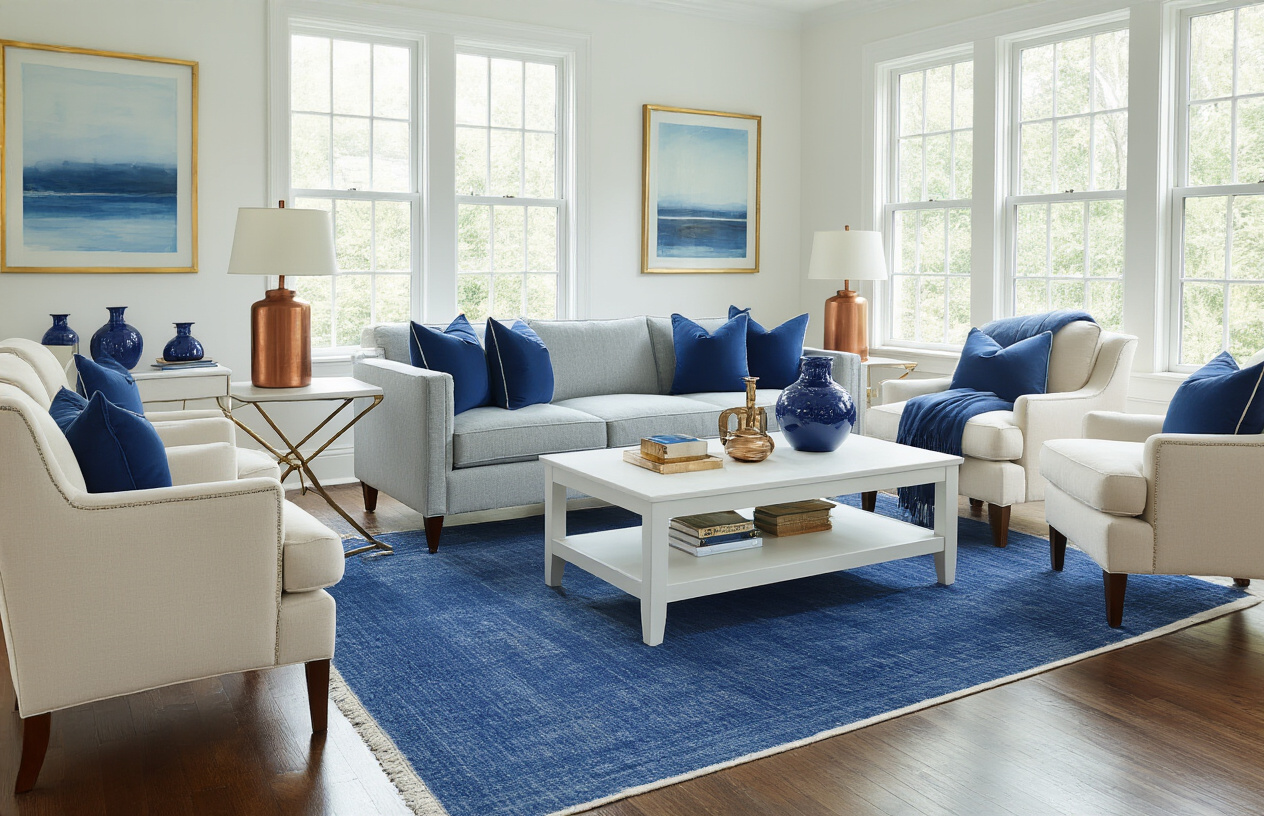 Strategic Accent Selection for Blue Rug Coordination