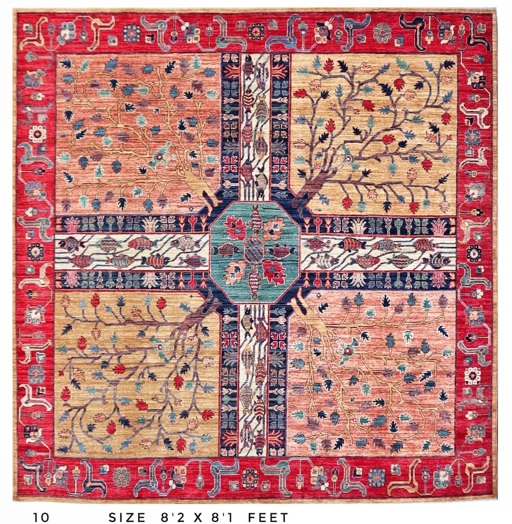 8x8 square rug wool hand made tree of life design