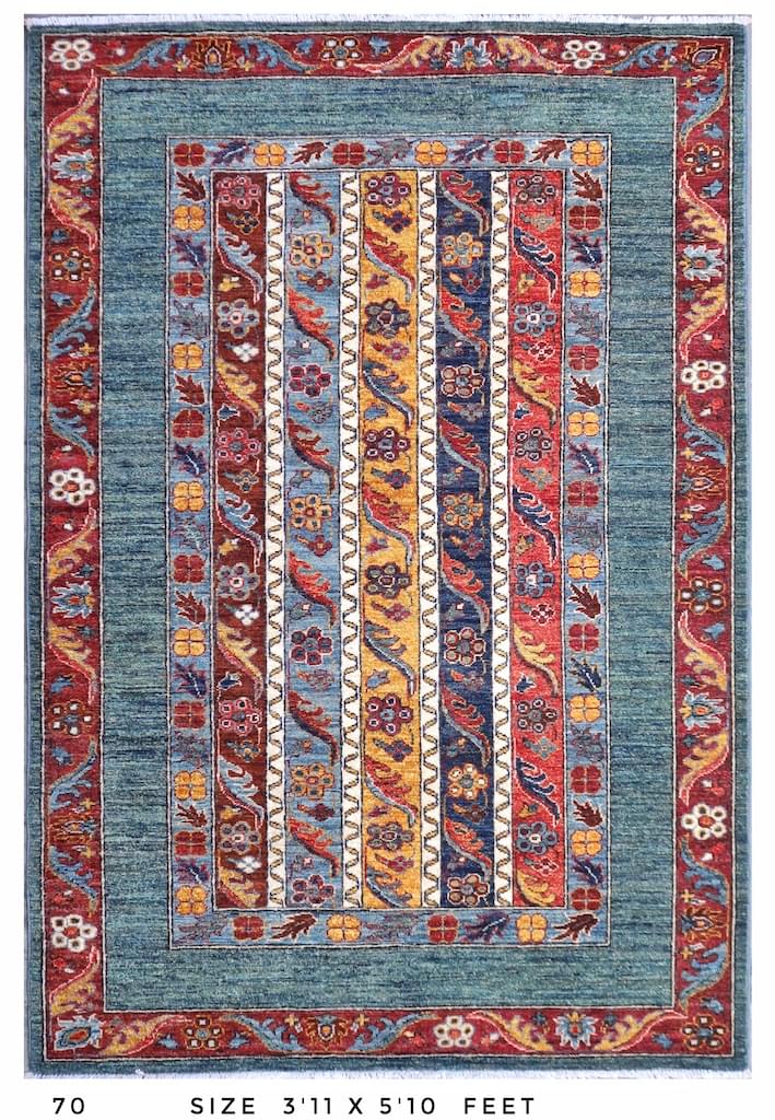 Persian Bijar hand-knotted wool rug with a striped tribal design in blue, red, gold, and ivory – 3'11" x 5'10