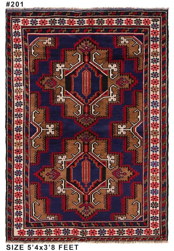 Handmade blue and brown tribal wool rug with geometric patterns