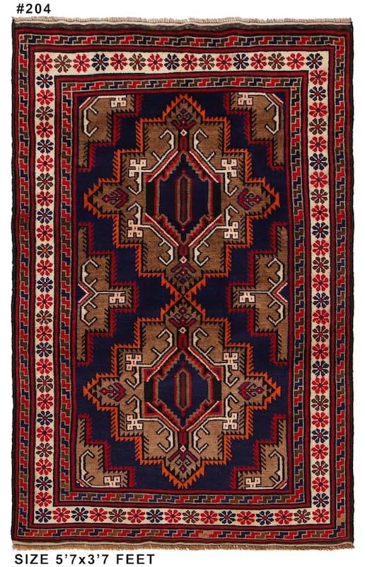 Hand-knotted wool rug with classic Baluchi tribal motifs in navy, red, and tan, framed by a detailed ivory floral and geometric border